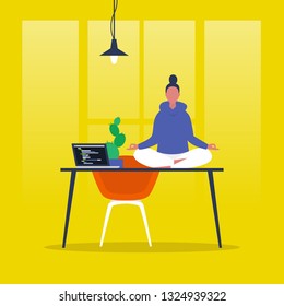 Meditation. Yoga at the office. Harmony and relaxation. Calm female character sitting in a lotus pose on a desk. Flat editable vector illustration, clip art. Modern healthy lifestyle