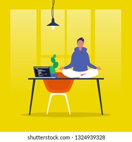 Meditation. Yoga at the office. Harmony and relaxation. Calm male character sitting in a lotus pose on a desk. Flat editable vector illustration, clip art. Modern healthy lifestyle