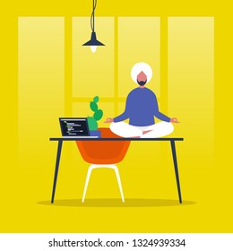 Meditation. Yoga at the office. Harmony and relaxation. Calm indian male character sitting in a lotus pose on a desk. Flat editable vector illustration, clip art. Modern healthy lifestyle