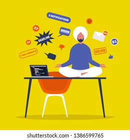 Meditation. Yoga at the office. Harmony and relaxation. Calm indian character sitting in a lotus pose on a desk surrounded by the cloud of pop up notifications. Flat editable vector illustration
