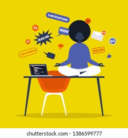 Meditation. Yoga at the office. Harmony and relaxation. Calm black female character sitting in a lotus pose on a desk surrounded by the cloud of pop up notifications. Flat editable vector illustration