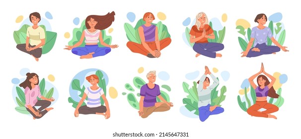 Meditation yoga peaceful characters, mental calm wellness scenes. Male and female people meditating in yoga lotus pose vector symbols illustrations set. Humans meditating scenes