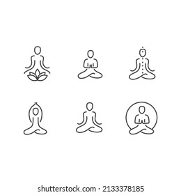 Meditation and yoga practice outline vector icons set. Collection of simple minimal elements of asanas. Relaxation, mind concentration, spiritual practice, wellness and mindfulness. 