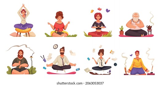 Meditation yoga practice relaxation in lotus pose outdoor home in office 8 cartoon compositions isolated vector illustration