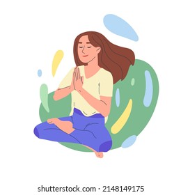 Meditation yoga practice, woman breath training in lotus pose. Peaceful yoga meditation, tranquil girl with closed eyes vector illustration. Health and wellness concept