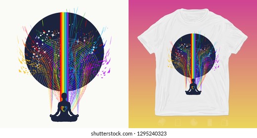 Meditation. Yoga print for t-shirts and another, trendy apparel design. Human in a lotus pose. Symbol of secret knowledge, harmony of soul and body, wisdom, religion 