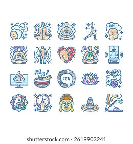 meditation yoga relax zen doodle icons set vector. lotus pose, body health, meditate balance, exercise mind, position energy, harmony meditation yoga relax zen sketch hand drawn
