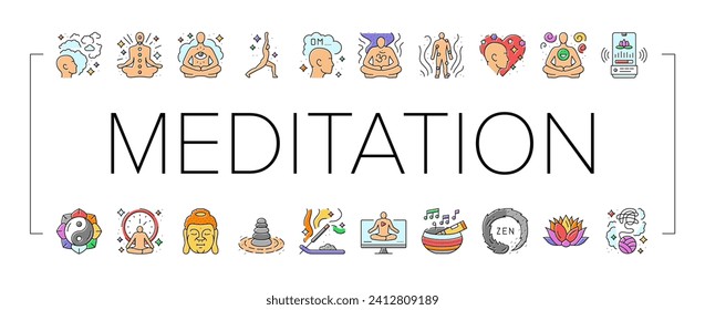 meditation yoga relax zen icons set vector. lotus pose, body health, meditate balance, exercise mind, position energy, harmony meditation yoga relax zen color line illustrations