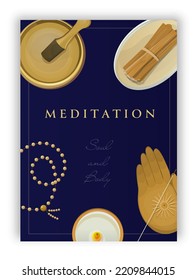 For meditation, yoga and relaxation. Illustration for banner, book cover, notepad. Singing bowl, rosary, incense holder, candle