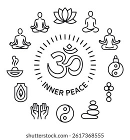 Meditation and yoga retreat thin line vector icons. Editable stroke 


