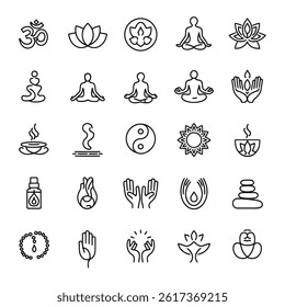Meditation and yoga retreat thin line vector icons. Editable stroke 

