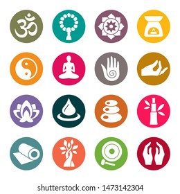 Meditation and yoga retreat vector colourful icons. First icon is Om, sacred Hindu symbol.