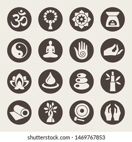 Meditation And Yoga Retreat Vector Icons. First Icon Is Om, Sacred Hindu Symbol.