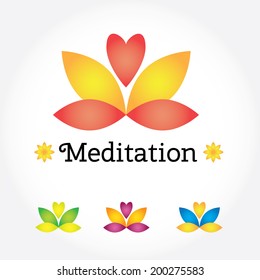 Meditation Yoga sign, lotus flower in different colors with heart. Modern vector illustration and design element