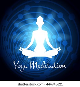 Meditation yoga woman silhouette on cosmic background. Vector illustration