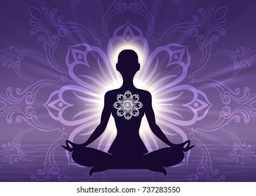 Meditation Yoga Woman Silhouette On Sunrise Violet Background, Vector Illustration