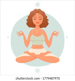 Meditation. Yoga Woman Sitting in Lotus Pose. Vector illustration.