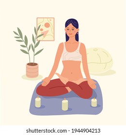 Meditación. Una joven de piernas cruzadas con los ojos cerrados, en un estado relajado, se sienta en el suelo y medita. Práctica espiritual, yoga y ejercicios de respiración. Ilustración vectorial en un estilo plano.