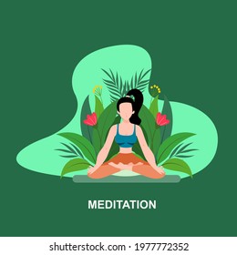 Meditation with young girl wearing blue shirt and pink pant with leaves and flower behind on green background flat concept design