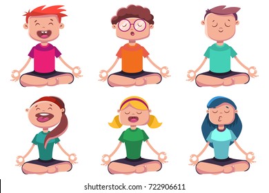 Meditation of young people engaged in yoga. Vector cartoon character set of man and woman sitting in lotus pose.