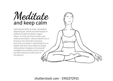 Meditationg woman with text block for banner or brochure. Calming and relaxing improving yoga pose. Hand drawn sketch vector illustration isolated on white background