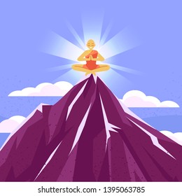 Meditations in solitude with nature.  Clouds at the top of the mountain. Rocky terrain. Monk meditating on top of a mountain