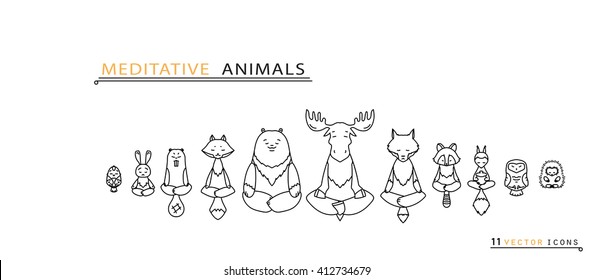 Meditative Animals series. Animal figures seated in the lotus position. Good for design of postcards, printed materials for those who are engaged in yoga. All figures are isolated.