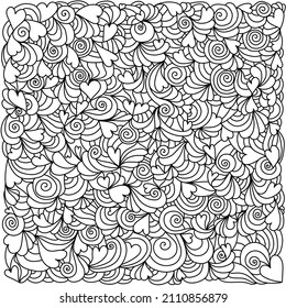 Meditative anti-stress coloring book of many ornate hearts and spirals with swirls and waves for Valentines Day activities vector illustration