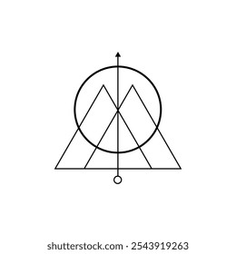 Meditative black triangle ornament with minimalistic lines and masonic symbols, inspired by sacred geometry and mystical traditions.