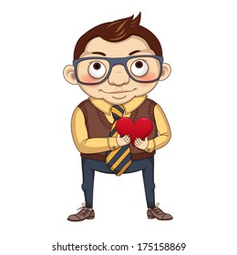 Meditative boy Valentine with red heart. Holiday character.