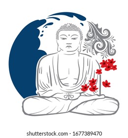 Buda meditativo rodeado de olas oceánicas, remolinos abstractos y flores, vectorial