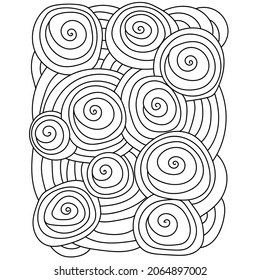 Meditative Farbseite mit Spiralen und Kreisen, Konturmuster mit vielen runden Elementen, Vektorgrafik