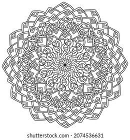 Mandala de contorno meditativo con patrones ornamentales, página de coloreado en forma de ilustración vectorial de figura simétrica
