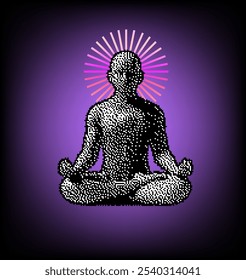 Meditative figure sitting cross-legged in the lotus position, composed of a stippled, dot-like texture. Vector illustration symbolizing enlightenment or spiritual awakening.