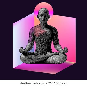 Meditative figure sitting cross-legged in the lotus position, composed of a stippled, dot-like texture. Vector illustration symbolizing enlightenment or spiritual awakening.