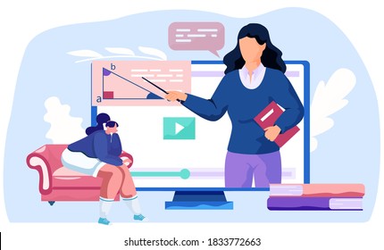 Meditative girl is watching an online lesson live on her computer screen sitting on an armchair . Vector illustration of distance learning at home. Woman teaches a math lesson for remote education