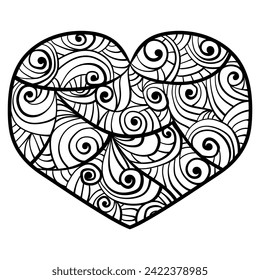 Meditative heart with fatty spirals, anti-stress coloring page for Valentine's Day vector illustration