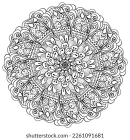 Mandala meditativa con conejos y huevos para Pascua, página de ilustraciones vectoriales de color con símbolos de vacaciones para la actividad
