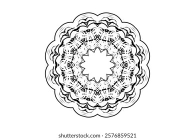 Meditative mandala with symmetrical geometric patterns and monochromatic palette	
