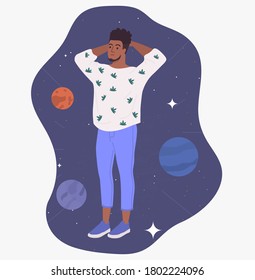 Meditative Mind Concept. A young attractive man flies in his thoughts in space. Metaphorical illustration of flying thoughts in space. Psychotherapy and balance. Introspection Flat Vector Illustration