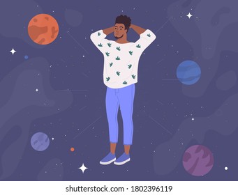 Meditative Mind Concept. A young attractive man flies in his thoughts in space. Metaphorical illustration of flying thoughts in space. Psychotherapy and balance. Introspection Flat Vector Illustration