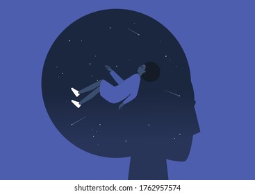 Meditative mind, young black female character levitating inside their own head, psychotherapy and balance, focus and meditation, psychedelic experience