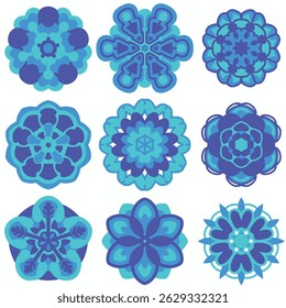Meditative ocean blue mandala set collection with depth and contrast to connect with inner emotions. Spiritual icons with symbolism to reveal inner spiritual personality and enable relaxation. EPS 10.