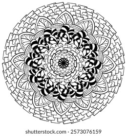 Meditative outline mandala with zen patterns, intricate coloring page with striped elements for activity