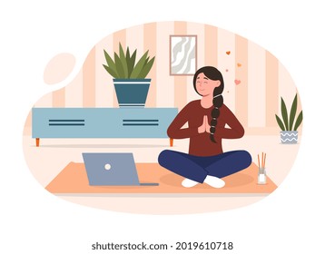 Meditative practice concept. Woman sitting on floor at home in lotus position and watching yoga and meditation lesson. Emotional and mental health. Cartoon flat vector illustration on white background