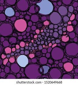 Meditative vector seamless pattern with doodles in gorgeous colorful palette. Violet and purple graphic composition for wallpaper, fashion, textile, fabric, bed linen, cover, wrapping paper, etc