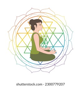 meditative women with mandala symbol, sacred geometry