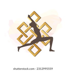 meditative young woman in yoga position and life  knot symbol