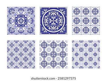 Mediterranean 6 ceramic tiles pattern collection isolated on white background. Portuguese, Sicilian, Spanish tile decor in blue, white. Backdrop for wrapping paper, wallpaper, fabric, textile, ceramic