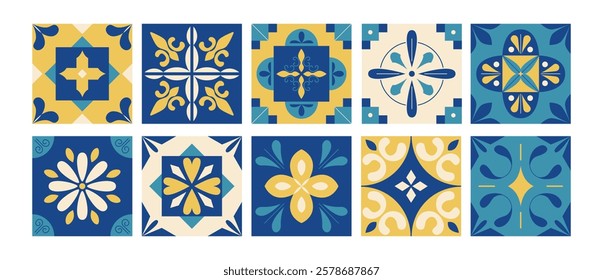 Mediterranean abstract geometric pattern. Azulejos Floral arabesque. Italian, Portuguese, Spanish blue and yellow tiles background in traditional style. Wall and floor interior design. Mosaic. Vector.